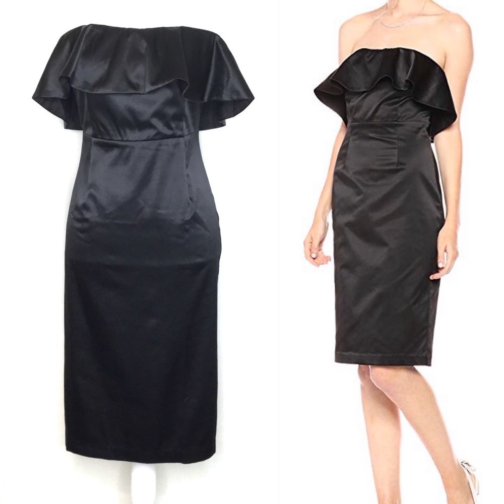 Black satin strapless dress with ruffle SZ large